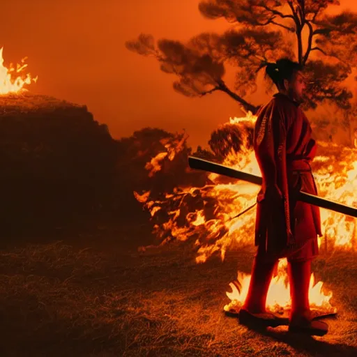 Prompt: cinematic film still of J.Cole starring as a Samurai holding fire, Japanese CGI, VFX, 2022, 40mm lens, shallow depth of field, film photography