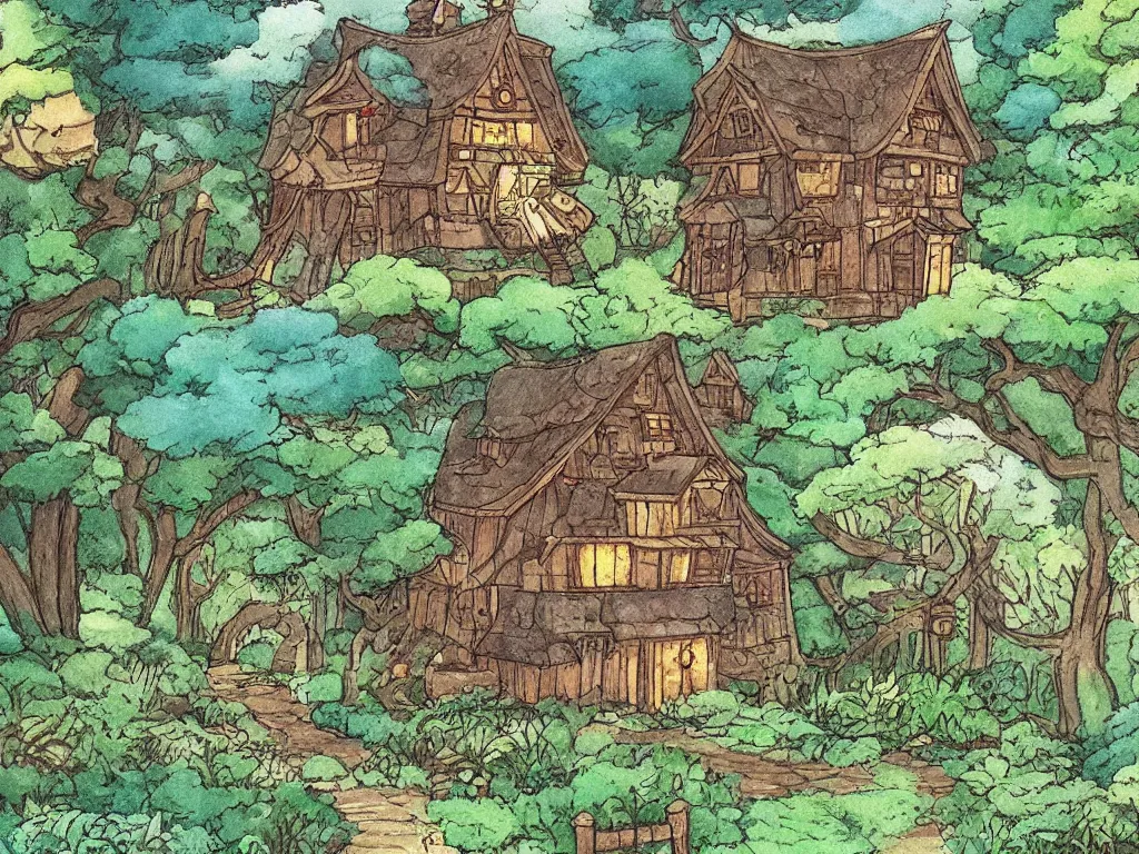 Prompt: garden wood house in the style of studio ghibli