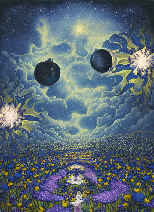 Image similar to detailed, intricate blue black and purple papaverum flower on the field, nebula, galaxy in the sky, winning award masterpiece, fantastically beautiful, illustration, aestheticly inspired, jacek yerka, upscale with anguissola sofonisba work, artstation, 8 k