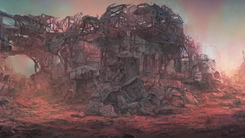 Image similar to an apocalyptic ruins in mars, pastel, colorful, bright, cartoony, digital art