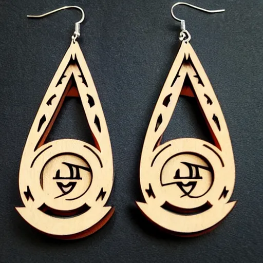 Image similar to 2 d wood lasercut earrings, mystical symbols, 8 k, hd, trending on amazon on artstation, trending on deviantart, trending on etsy, epic digital art