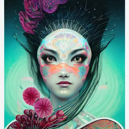 Prompt: a portrait of a geisha, surrounded by fractals, mandalas, cherry blossoms, hadron collider technology, metal gears, swirling bioluminescent energy, art by peter mohrbacher and dan mumford