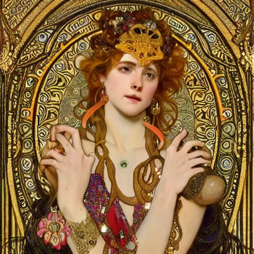 Prompt: realistic detailed dramatic symmetrical portrait of female warior as Salome dancing, wearing an elaborate jeweled gown, by Alphonse Mucha and Gustav Klimt, gilded details, intricate spirals, coiled realistic serpents, Neo-Gothic, gothic, Art Nouveau, ornate medieval religious icon, long dark flowing hair spreading around her