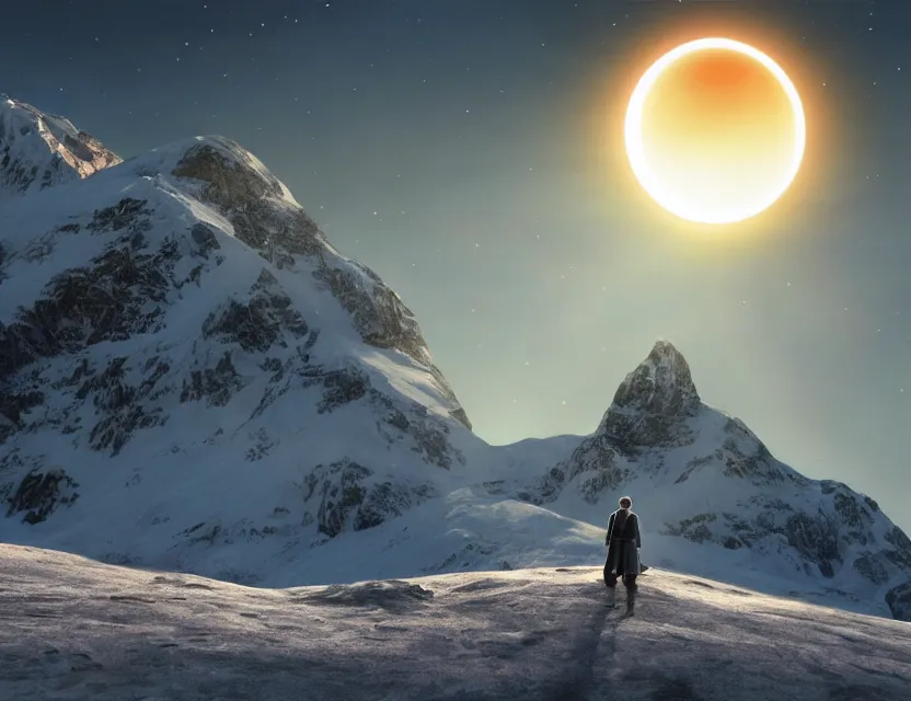 Prompt: fully photorealistic hdr eclipse at sunrise on snowy aurora dramatic mountaintop, distant glowing figures, masterpiece composition, art by john collier, albert aublet, artem demura, alphonse mucha, sharper luminescent focus, nd 6, hdr, movie still, cinematic diffuse lighting, artstation, textless, sharp focus