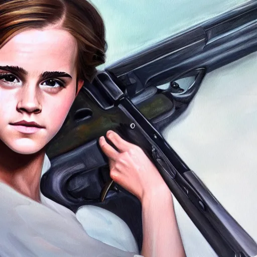 Image similar to a stunning portrait painting of young Emma Watson, holding a rifle, extremely detailed, 4K