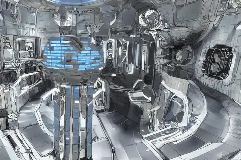 Image similar to futuristic tardis interior stylized like portal 2