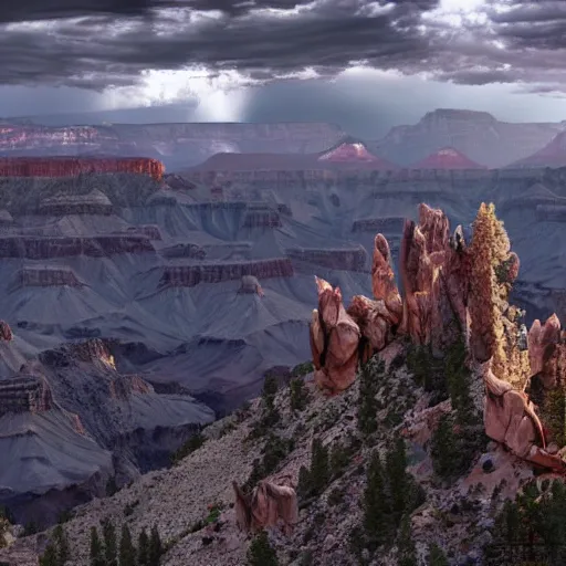 Image similar to dark gothic palace made of rock with tall spires, bristlecone pine trees, grand canyon, ultrawide cinematic 3d render, dark dramatic skies, atmospheric, vultures