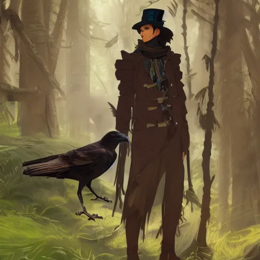 Image similar to concept art painting of a person with a head of a crow, with steampunk clothes, in the deep forest, realistic, detailed, cel shaded, in the style of makoto shinkai and greg rutkowski and james gurney