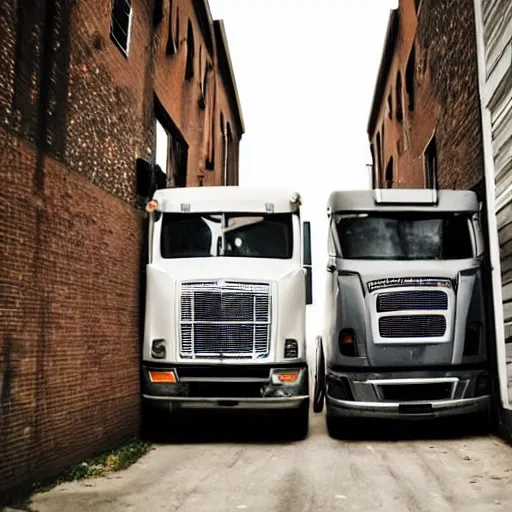 Prompt: two trucks having a makeout session in a back alley