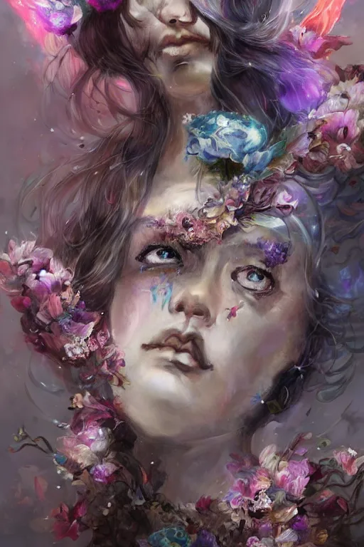 Prompt: face closeup covered with abstract flowers of extremely beautiful girl necromancer, magical fairy flowers and ice velvet, diamonds, angels, 3 d render, hyper - realistic detailed portrait, holding fire and electricity rainbow, ruan jia, wlop. scifi, fantasy, magic the gathering, hyper detailed, octane render, concept art, peter mohrbacher