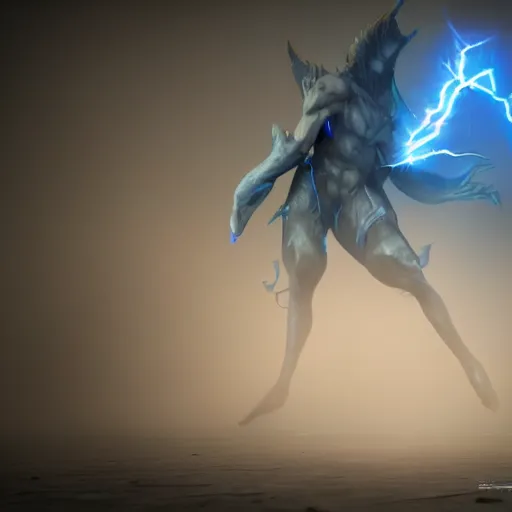Image similar to character design, dark arcanist, blue lightning, blue mist, fog, scary, photorealistic, unreal engine