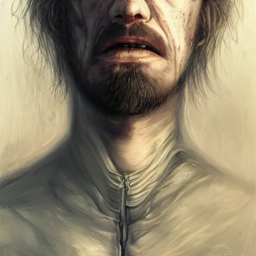 Image similar to portrait painting of a sneering biker with pale skin and shaggy hair, drinking blood out of a goblet, sharp focus, ultra realistic, concept art, intricate details, eerie, highly detailed, photorealistic, octane render, 8 k, unreal engine. art by artgerm and charlie bowater and greg rutkowski