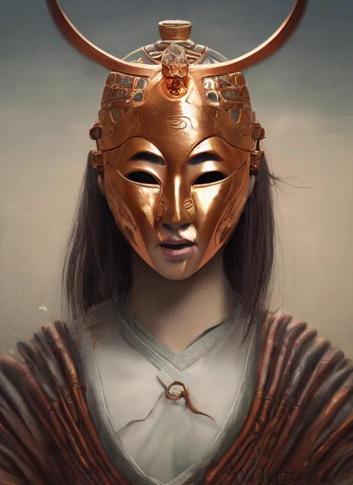 Image similar to a beautiful detailed oil on copper art illustration of a japanese samurai mask woman, centered, by charlie bowater, zeng fanzh, trending on artstation, vivid colors, dim dusk lighting, cinematic lighting, detailed lighting, volumetric lighting, realistic, f 8, 4 k hd wallpaper