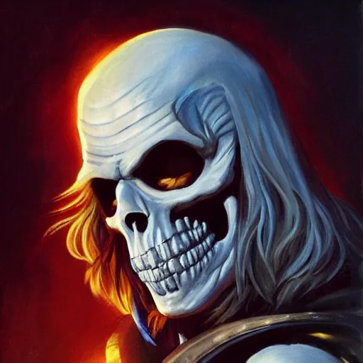 Image similar to ultra realistic portrait painting of skeletor as geralt of rivia, art by frank frazetta, 4 k, ultra realistic, highly detailed, epic lighting