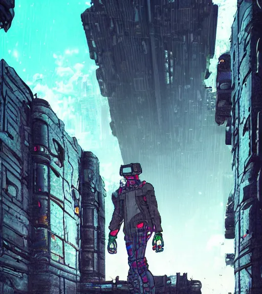 Image similar to a cyberpunk mole man explores alien ruins, techwear, Industrial Scifi, detailed illustration, character portrait, by Martin Grip and Moebius