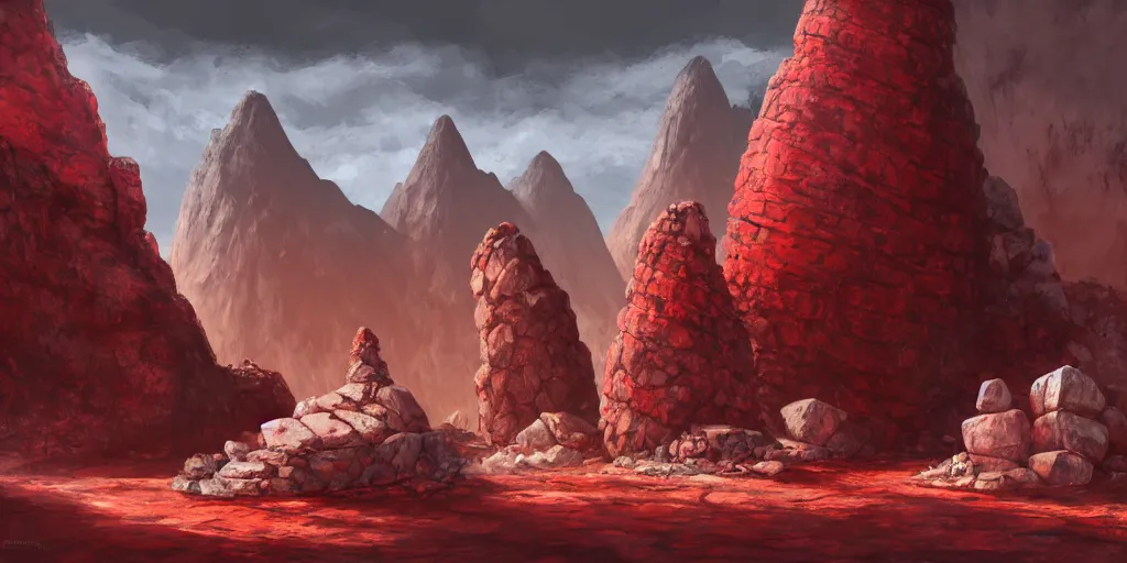 Prompt: a naturally reddened outcropping of stone juts out of the salted crag, matte oil painting, colored merchant tents, retrofuturistic science fantasy, dungeon, stone bricks, shrines, rpg, epic, extremely detailed, sharp focus, 4 k