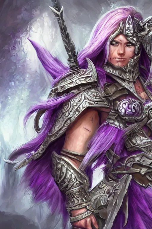 Prompt: world of warcraft concept art, barbarian warrior woman, heavy armor with amethysts, long white hair