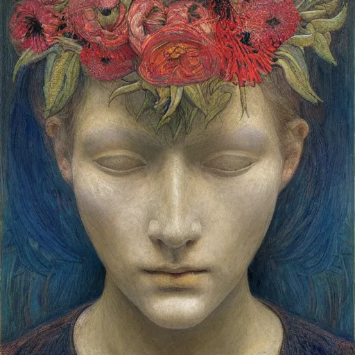 Image similar to masterpiece painting of a facemask made of flowers, by annie swynnerton and jean delville and tino rodriguez and diego rivera, flower mask, symbolist, dramatic lighting, god rays, elaborate geometric ornament, clean crisp graphics, soft cool colors, smooth sharp focus, extremely detailed