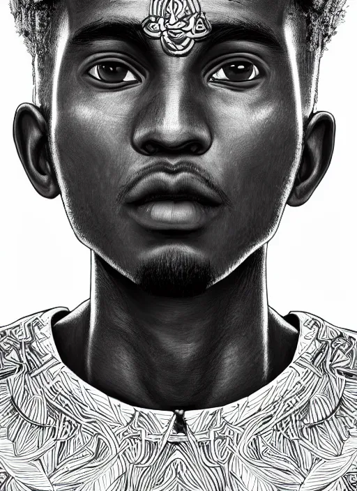 Image similar to closeup portrait of a 2 0 year old somali man, an ultrafine detailed illustration by james jean, intricate linework, bright colors, final fantasy, behance contest winner, vanitas, angular, altermodern, unreal engine 5 highly rendered, global illumination, radiant light, detailed and intricate environment