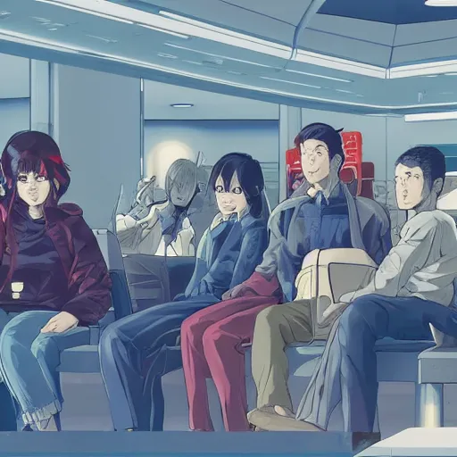 Image similar to a group of people sitting next to each other in a room, concept art by otomo katsuhiro, behance contest winner, retrofuturism, toonami, redshift, official art