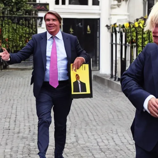 Image similar to Jair Bolsonaro on a date with Boris Johnson, wide angle, hyper realistic, paparazzi photo