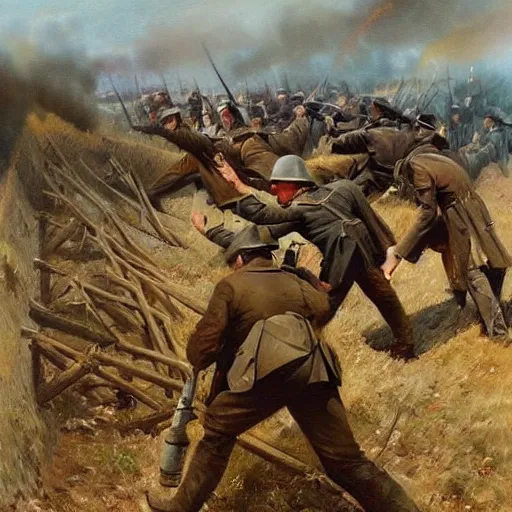 Prompt: american civil war trench battle, shots fired, explosions all around, wide shot, cinematic, realistic painting in the style of jules breton