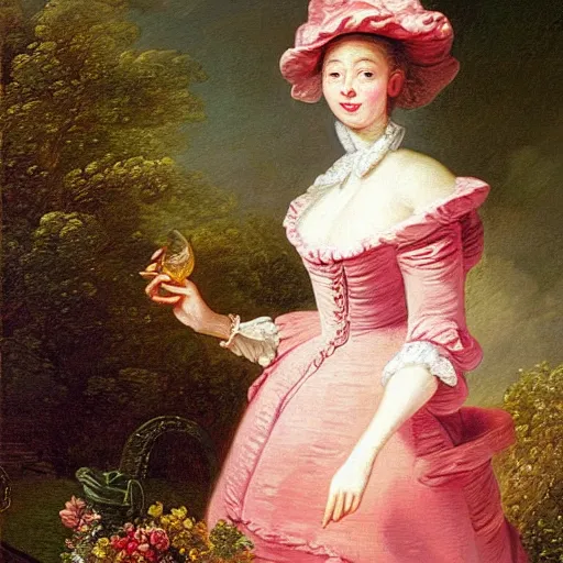 Image similar to “ fragonard oil painting, woman in garden in pink dress and hat, 1 7 0 0 s ”