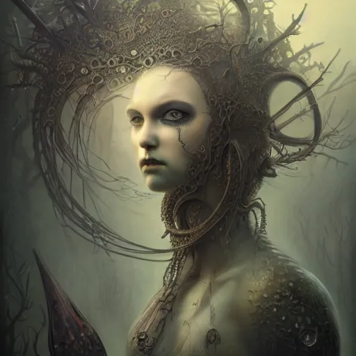 Prompt: curiosities from zynoids, soft paint of a single curvy beautiful warrior in full gothic armor, symmetry accurate features, eyeballs, vegetation tentacles, dense volumetric fog, focus, very intricate ultrafine details, gloomy colors, award winning masterpiece, tom bagshaw artstyle