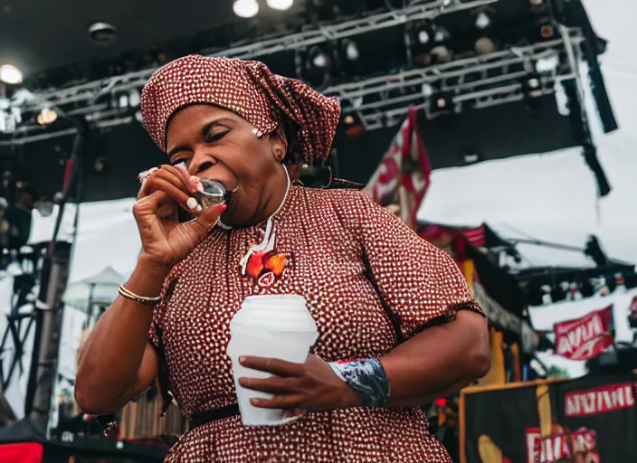 Image similar to photo still of aunt jemima in period attire at vans warped tour!!!!!!!! at age 4 0 years old 4 0 years of age!!!!!!! on stage pouring maple syrup on the crowd, 8 k, 8 5 mm f 1. 8, studio lighting, rim light, right side key light