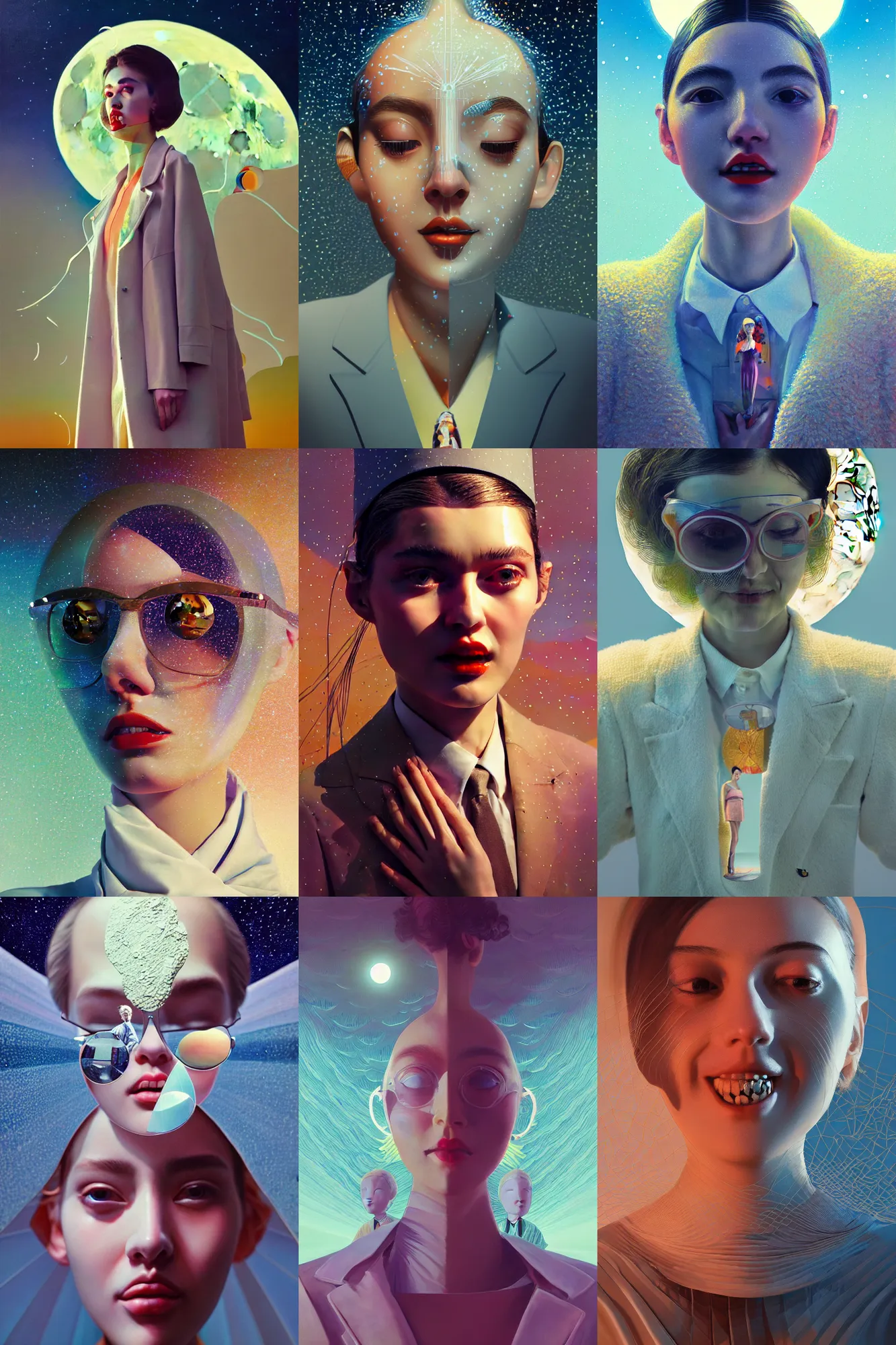 Prompt: 3 d, close - up, moon rays, happy fashion model, plastic, poster art, intricate oil painting, high detail, figurative art, multiple exposure, poster art, 3 d, by stanley kubrick and tooth wu and wlop and beeple