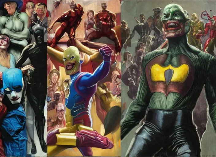 Image similar to a still from the movie avengers : infinty war, a still from the film joker in style of francis bacon and norman rockwell and james jean, a still from the movie the godfather, and mark brooks, triadic color scheme, by greg rutkowski, syd mead and edward hopper and norman rockwell and beksinski, dark surrealism