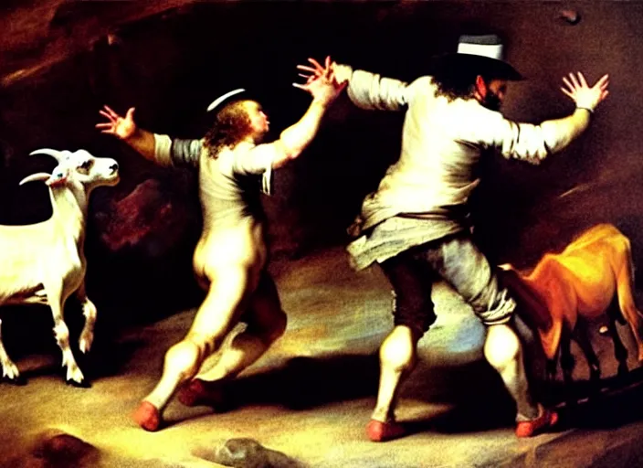 Prompt: man dancing with goats by francisco de goya and greg rutkowski, detailed masterpiece oil painting