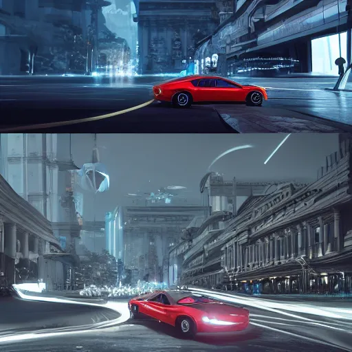 Image similar to sci-fi cars on the coronation of napoleon painting and digital billboard in the middle, unreal engine 5, keyshot, octane, artstation trending, ultra high detail, ultra realistic, cinematic, 8k, 16k, in style of zaha hadid, in plastic, dark, tilt shift,