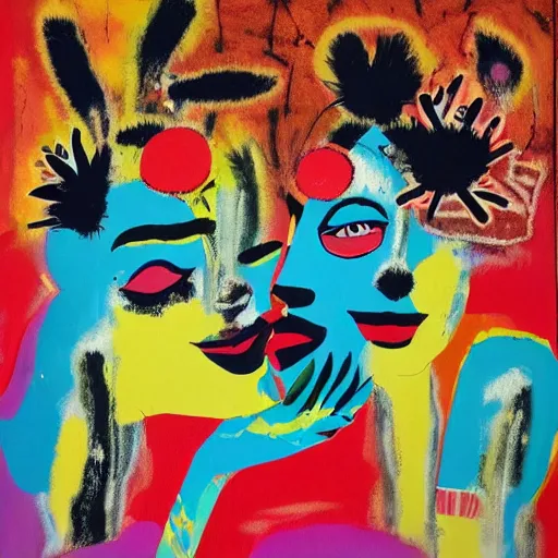 Image similar to acrylic painting of two bizarre psychedelic women kissing in japan in spring, speculative evolution, mixed media collage by basquiat and jackson pollock, maximalist magazine collage art, sapphic art, psychedelic illustration