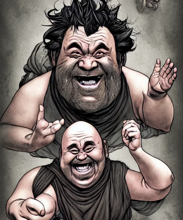 Image similar to a ( fantasy comic ) ( cover art ) portrait of a drunken dwarf monk who looks like ( danny devito ), digital illustration by jenny frison and sana takeda and kentaro miura, fine inking lines, dnd, highly detailed!, hd, 4 k, trending on artstation