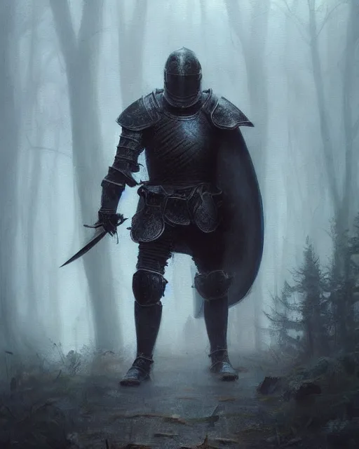 Image similar to Hyper realistic painting of a knight in rusty full plate armor wielding a greatsword, hyper detailed, surrounded by a dark forest, fog, moody, cinematic lighting, dim blue lighting, by greg rutkowski, trending on artstation