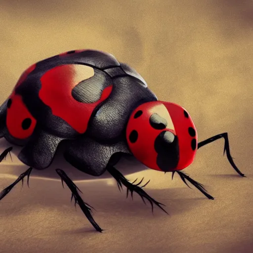 Image similar to ladybug as a monster, fantasy art style, scary atmosphere, nightmare - like dream, 4 k photorealistic, cinematic