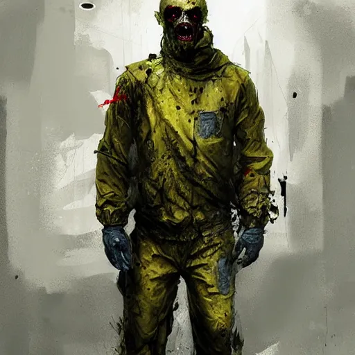 Image similar to bloody hazmat suit zombie, sinister by Greg Rutkowski