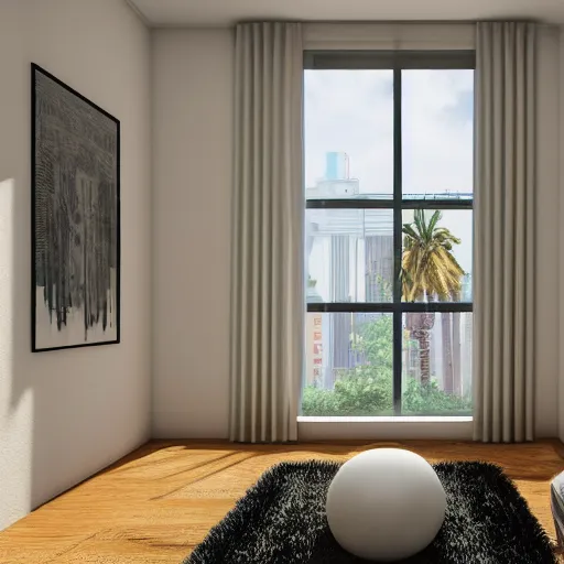 Image similar to a very high resolution picture of a room in an apartment in the 8 0 ’ s, palms from the window, hyper realistic, photography, award winning photography, unreal engine, 8 k,