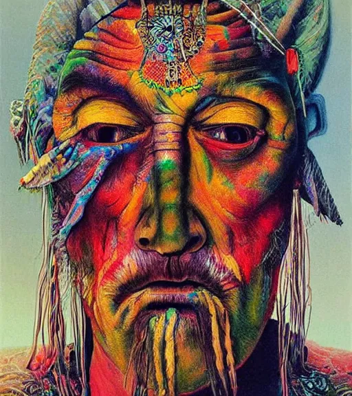 Image similar to Portrait painting in a style of Beksinski mixed with Alex Grey of an old shaman dressed in a colorful traditional clothes. Very psychodelic
