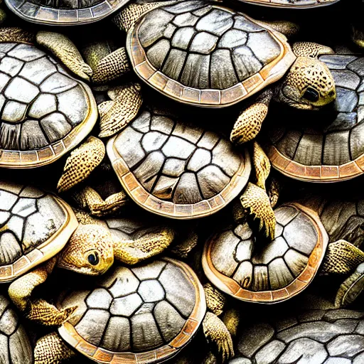 Prompt: hundeds of turtles stacked on top of each other, dramatic lighting, photo, 4k