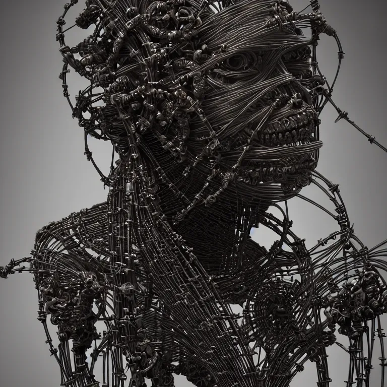 Prompt: dark biomechanical religious sculpture statue of Jesus on cross made of wires cables tubes, suffering, baroque painting, beautiful detailed intricate insanely detailed octane render, organic 8K artistic photography, photorealistic, chiaroscuro, Raphael, Caravaggio, Giger, Beksinski, black background, volumetric light