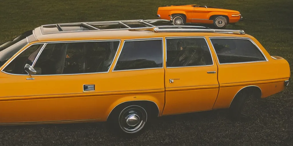 Image similar to 1 9 7 3 ford pinto stationwagon, yellow - orange color, wide - angle lens, dramatic lighting, cool marketing photo