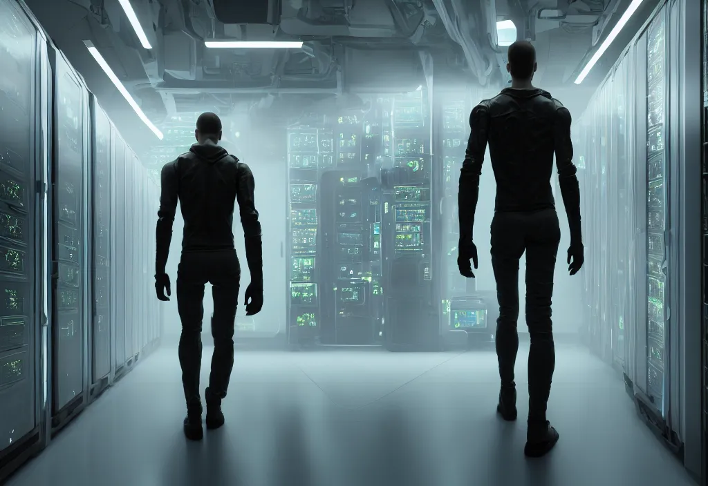 Image similar to android walking in server room in datacenter, shot by cyberpunk syle, character design, proportional body, whole body, whole figure, very realistic cinematic concept art, complementary color, realistic detailed, sharp lines, trending on artstation, volumetric lighting, style by vitaly bulgarov artstaion film by neil blomkamp style, octane render