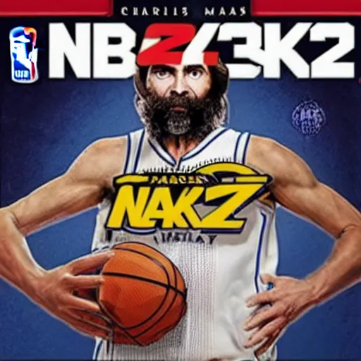 Image similar to nba 2 k video game cover art depicting charles manson dunking a basketball