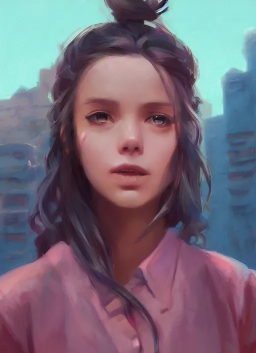 Prompt: digital art of a beautiful girl wearing a shirt standing in front of a ruined apartment complex, desert composition, sunlit, expressive oil painting, by artgerm, by jeremy lipking, anime style, octane render, bright colors, face!!!! close - up