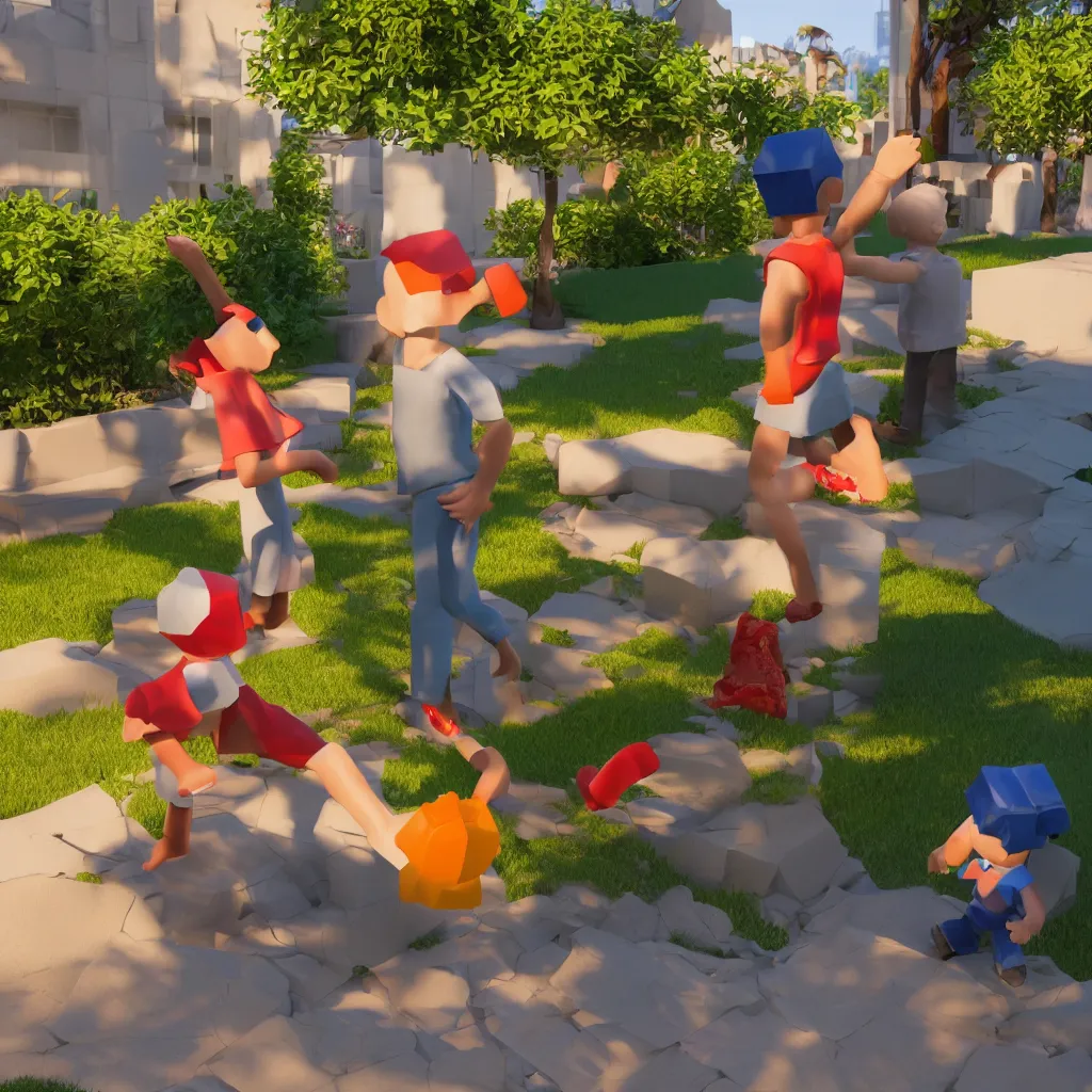 Prompt: highly detailed 3d render of kid interacting with roblox figure outside in the sun, box shapes floating all over, bright colors, octane render, insane quality, 8k, 4k, trending, artstation