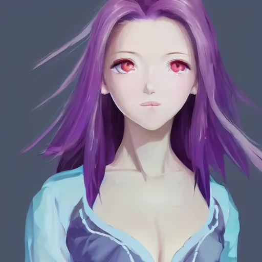 Image similar to gorgeous anime woman portrait, purple hair, cheongsam dress, clear clean face, face by ilya kushinov, avetetsuya studios, alexandra fomina artstation, by makoto shinkai, digital 2 d, painterly style, cinematic matte illustration, clean composition, character design, ufotable, vofan