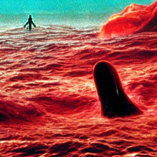 Image similar to the filmic anti - christ rising from a red ocean. ominous. vivid color detailed photograph from a 1 9 9 0 s horror movie. alien squid in the background.