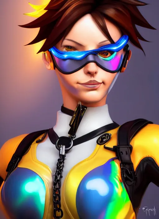 Image similar to portrait bust digital artwork of tracer overwatch, wearing iridescent rainbow latex and leather straps catsuit outfit, 4 k, expressive happy whistling face, makeup, in style of mark arian, angel wings, wearing detailed leather collar, chains, black leather harness, detailed face and eyes,